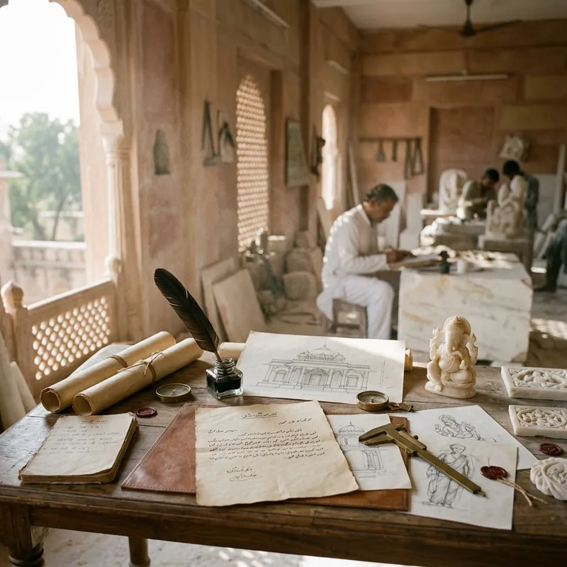 Timeless artisan wooden correspondence desk in Jaipur marble workshop