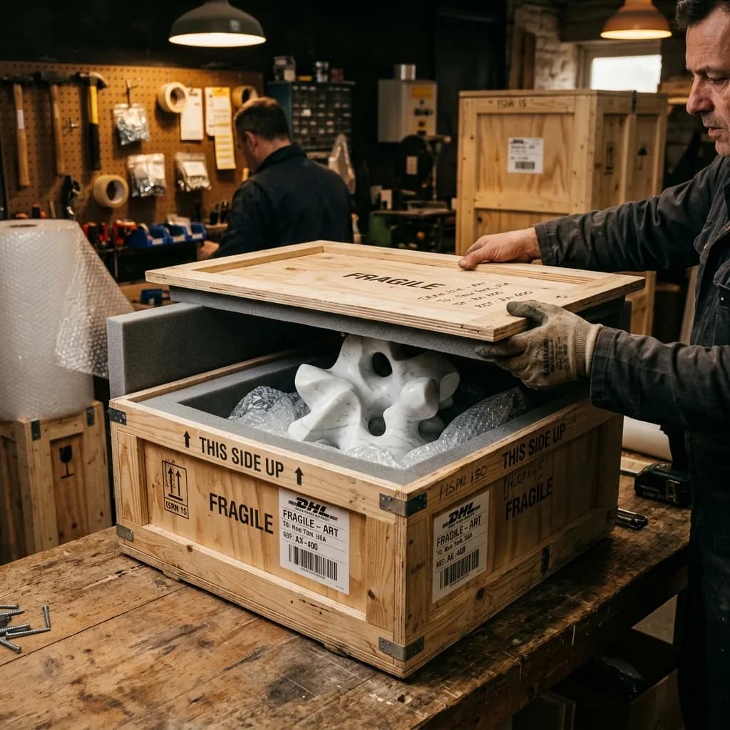 Marble sculpture packed into an export-grade fragile shipping crate