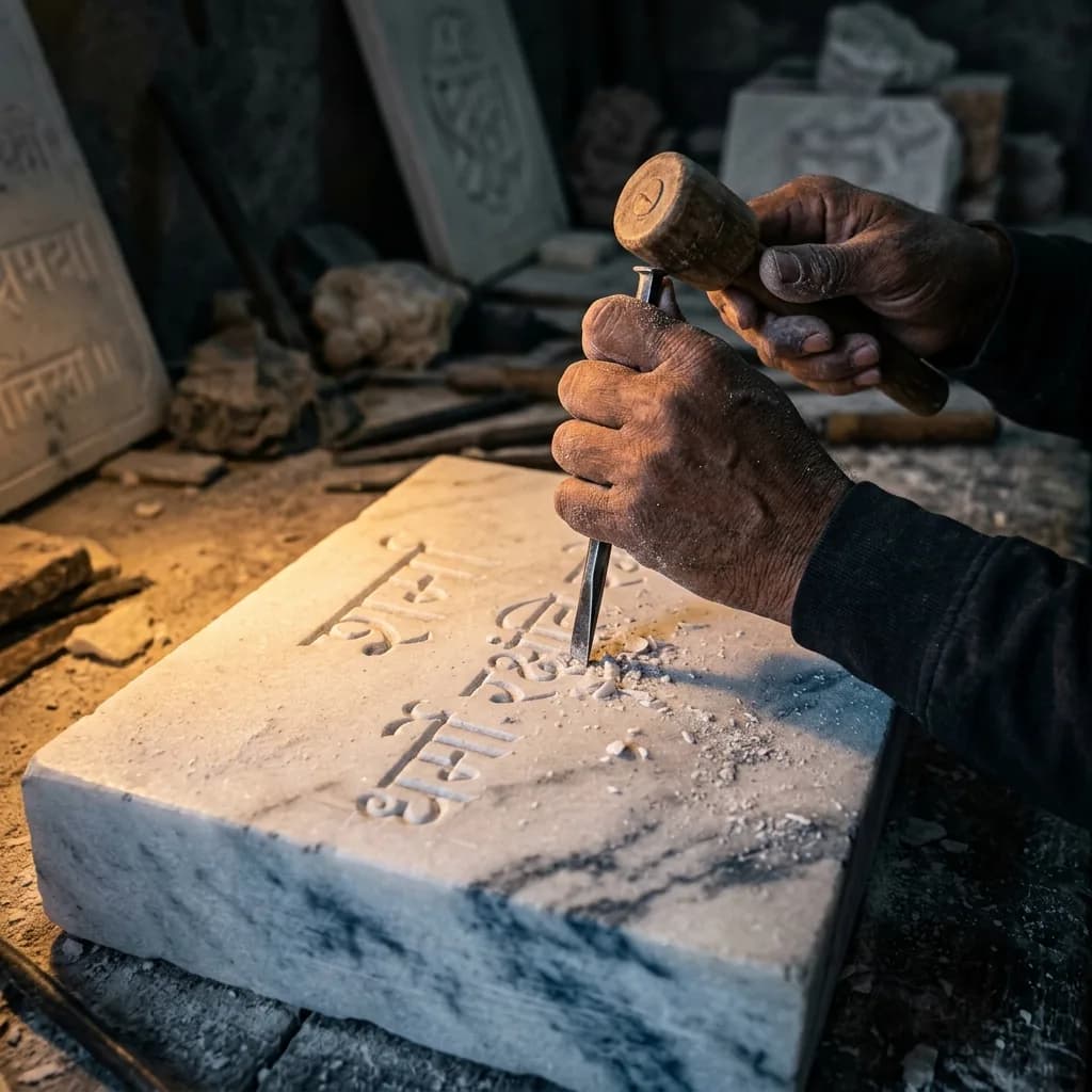 Master artisan hand-carving an inscription into white marble