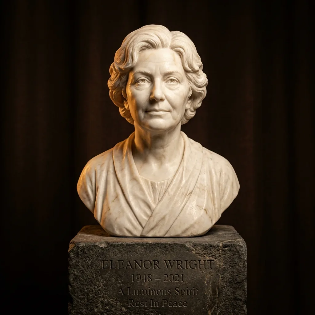 Hand-carved white marble memorial portrait bust on a dark pedestal