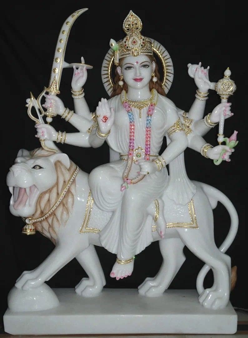 Majestic Marble Maa Durga on Lion (Ashtabhuja)